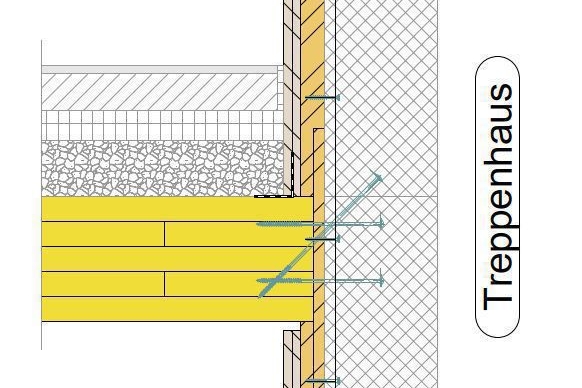 Connection of storey ceiling to staircase core