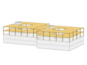 Rendu de la surélévation de deux étages sur le plan existant. Piliers, dalles, finis
